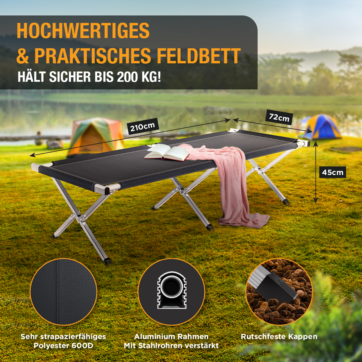 Feldbett XXL - 210 x 72 x 45 cm - Campingbett - inkl. Tasche - Belastbarkeit bis 200 kg - schwarz