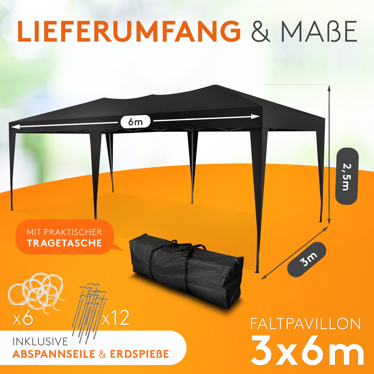 Faltpavillon 3x6m - wasserdicht - ohne Seitenteile, schwarz