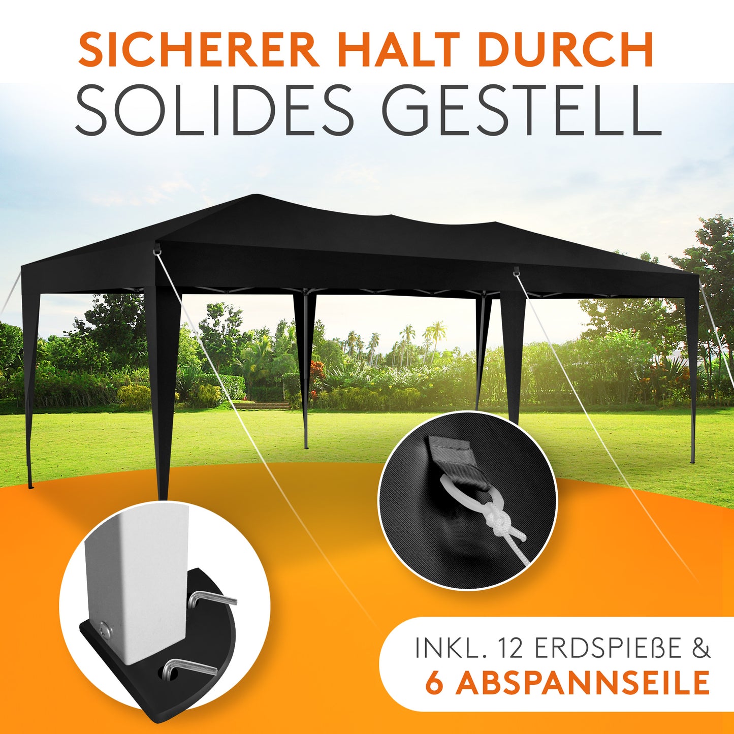 Faltpavillon 3x6m - wasserdicht - ohne Seitenteile, schwarz