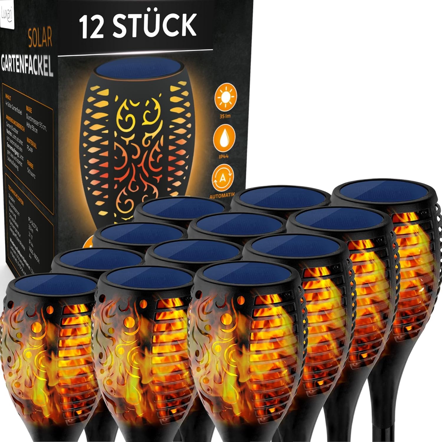 Luxari Gartenfackel Solar − 12x Realistisches Solar Fackeln für außen