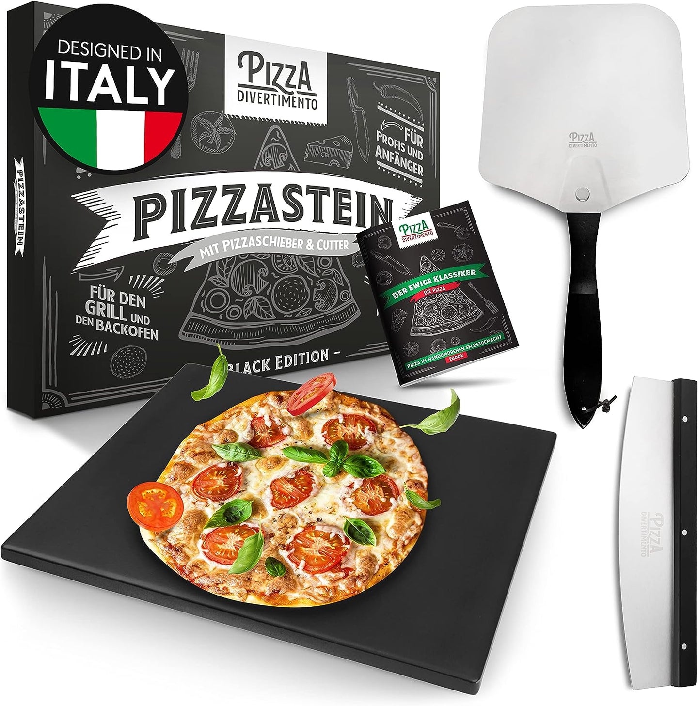 Pizza Divertimento [DAS ORIGINAL] - Pizzastein für Backofen und Gasgrill [3er Set] - Mit Pizzaschieber & Pizzaschneider - Cordierit Pizza Stein - Inkl. e-Rezeptbuch