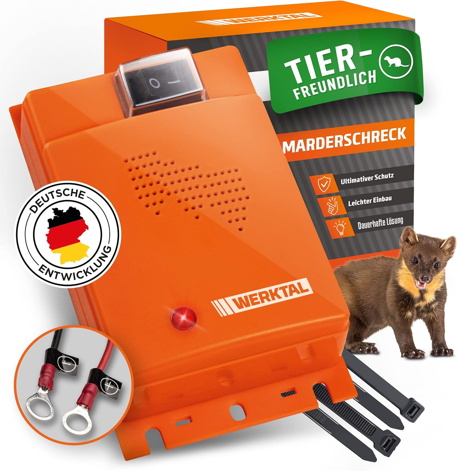 WERKTAL Marderschreck Auto - Effektive Marderabwehr mit Ultraschall & Blitzlicht [Autobatteriebetrieben]