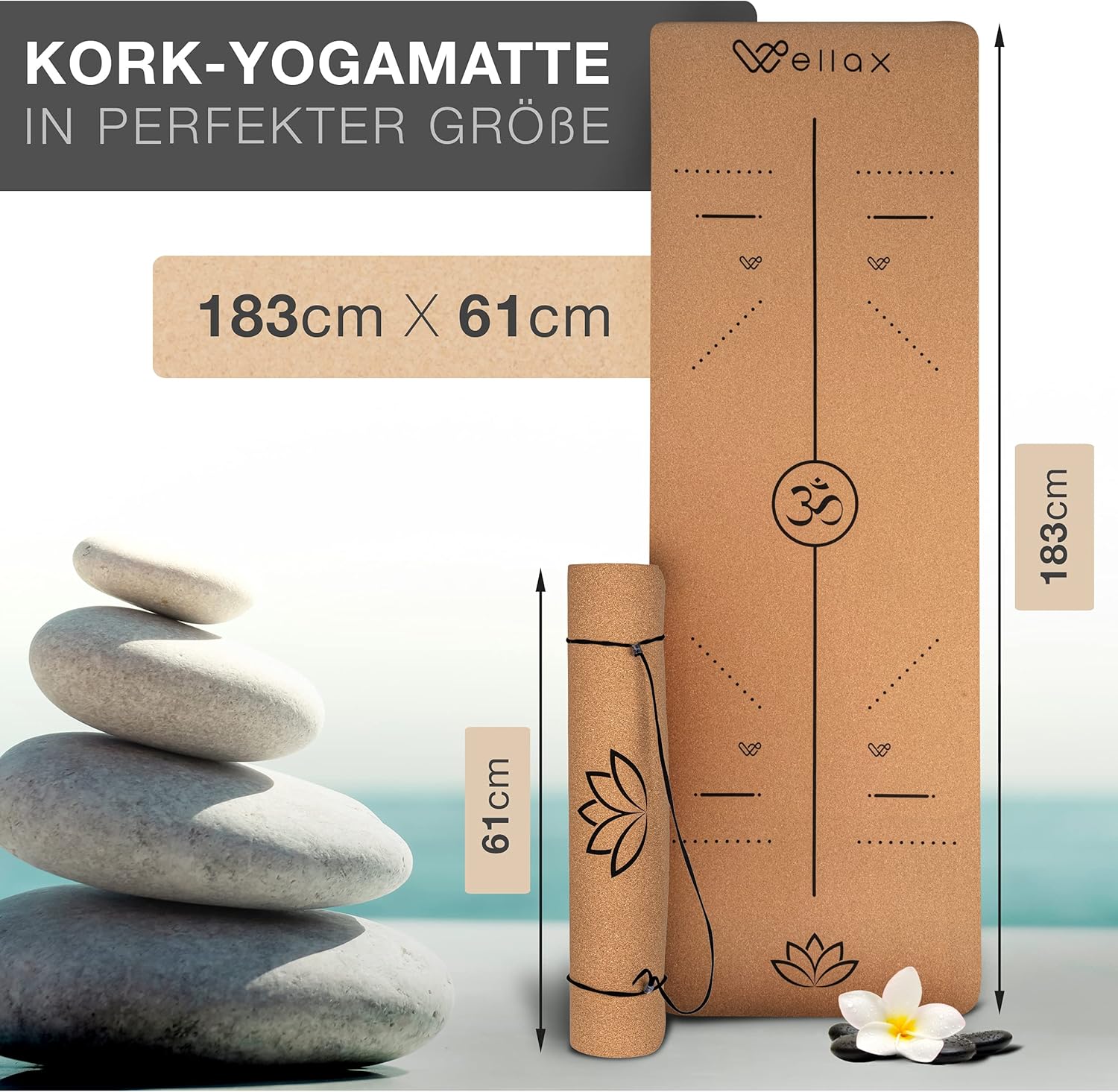 Wellax 100% natürliche Yogamatte aus Kork - rutschfest [183x66x0,6 cm] inkl. Tragegurt