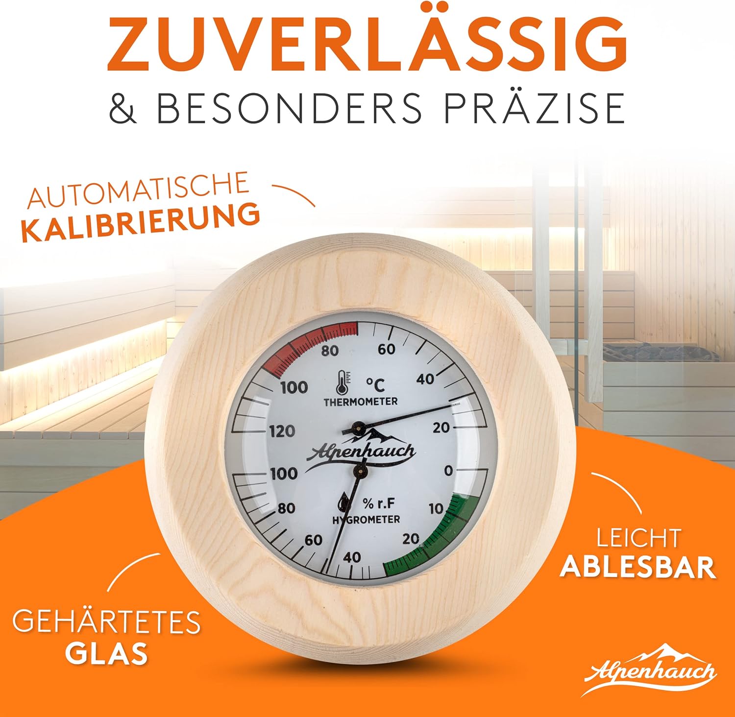 ALPENHAUCH Sauna Thermometer Hygrometer Holz [2in1 Funktion]