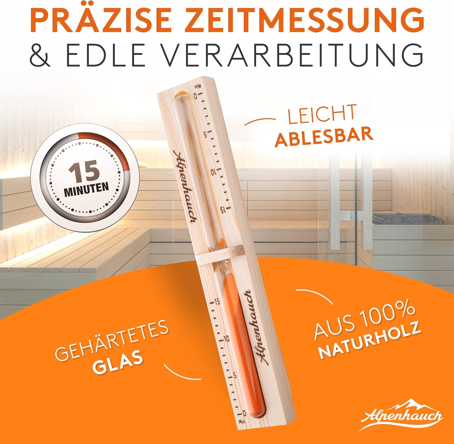 ALPENHAUCH Sauna Sanduhr 15 Minuten aus 100% Naturholz - Edle Saunauhr mit ultra feinem Sand