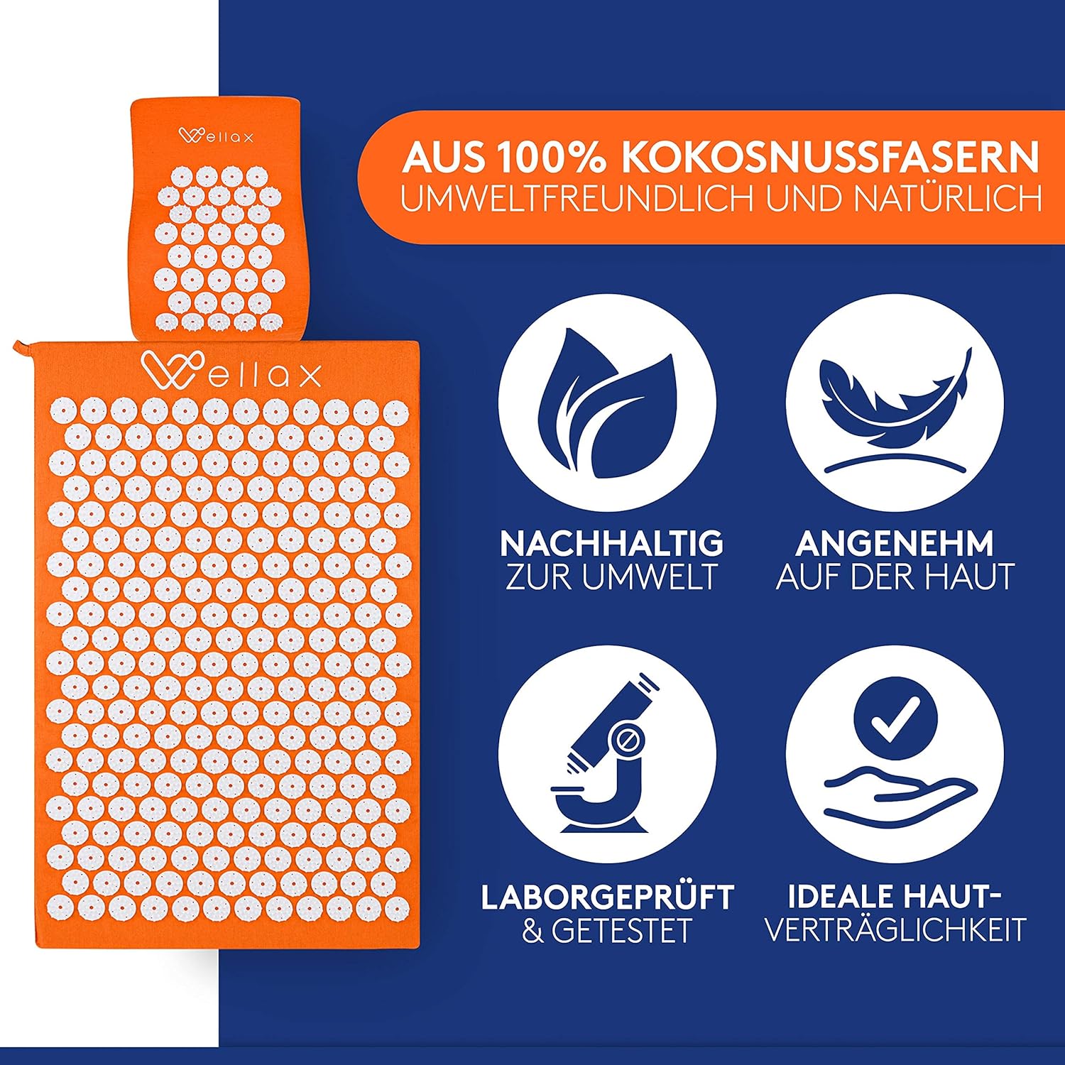 Wellax [Das Original] - Akupressurmatte mit Kissen - Orange