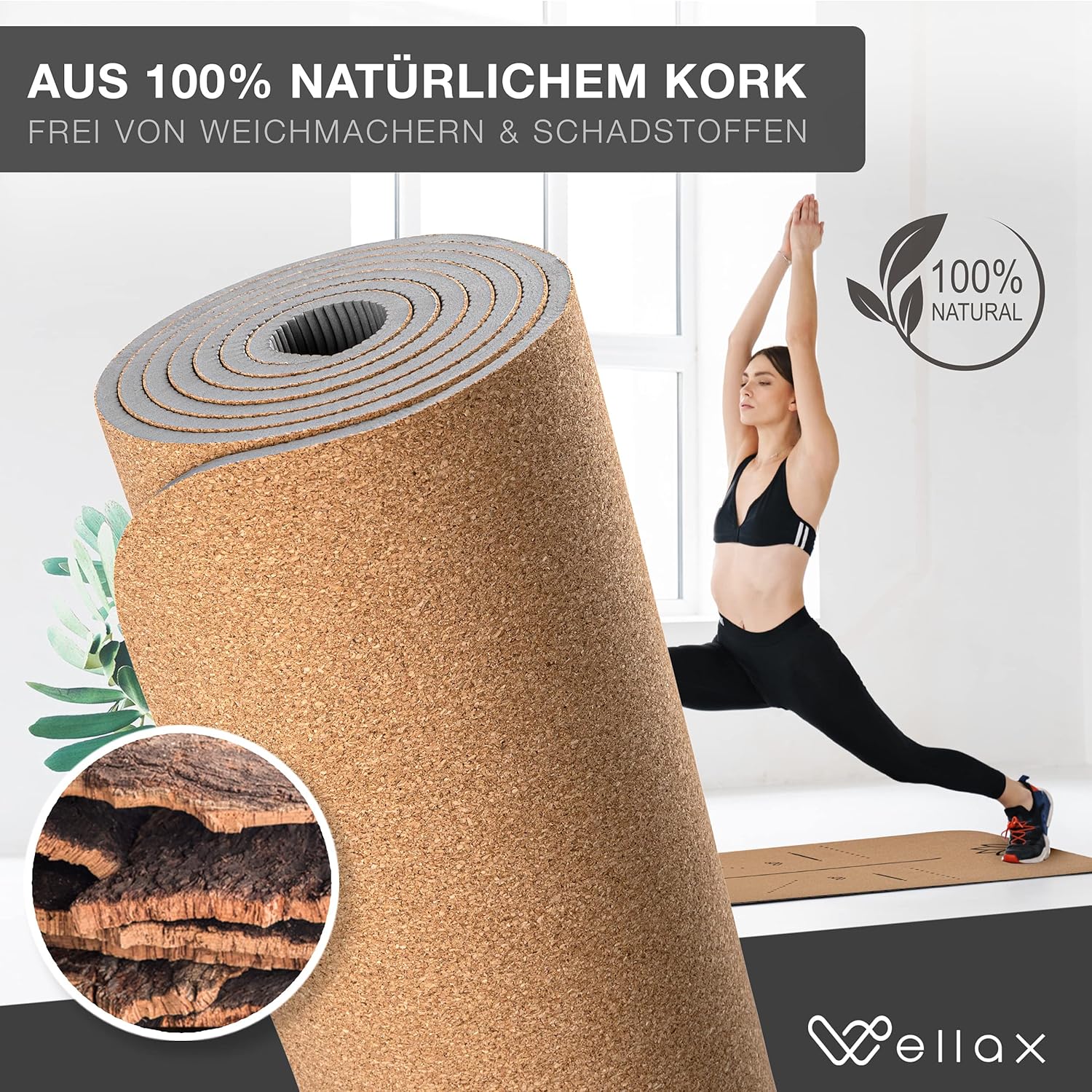 Wellax 100% natürliche Yogamatte aus Kork - rutschfest [183x66x0,6 cm] inkl. Tragegurt