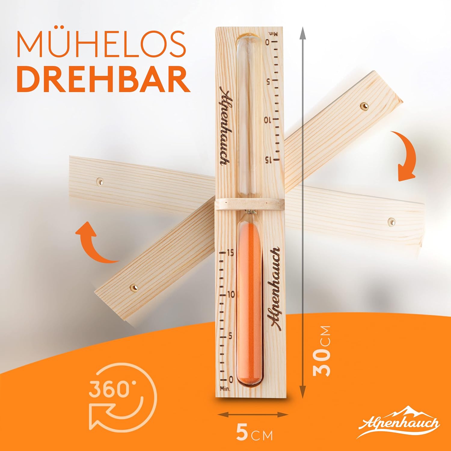 ALPENHAUCH Sauna Sanduhr 15 Minuten aus 100% Naturholz - Edle Saunauhr mit ultra feinem Sand