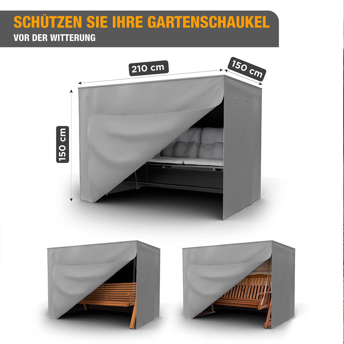 Schutzhülle Hollywoodschaukel - 600D Oxford - Abdeckung für 3-4 Sitzer - 150 x 210 x 150 cm - 2 Reißverschlüsse - grau