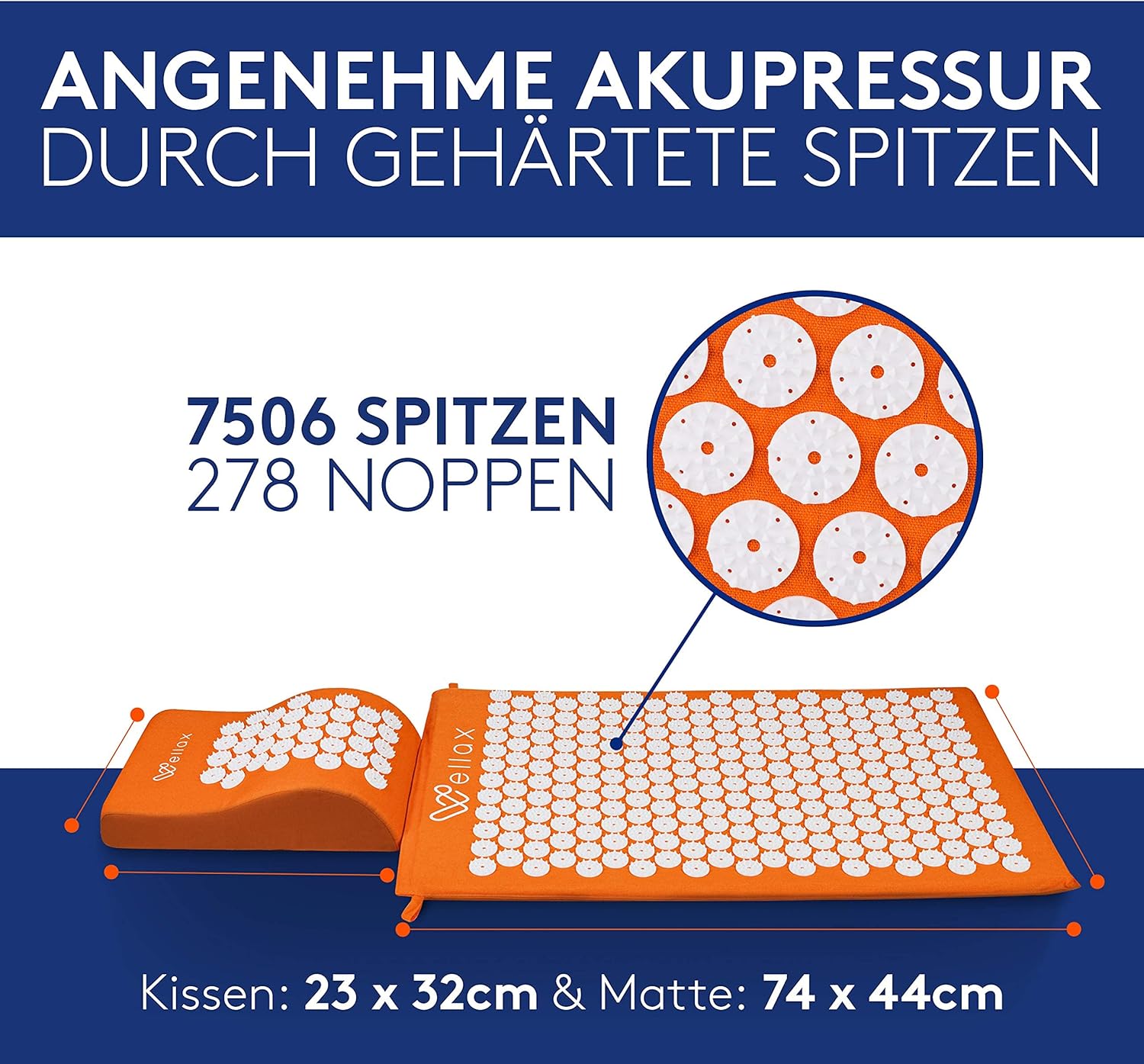 Wellax [Das Original] - Akupressurmatte mit Kissen - Orange