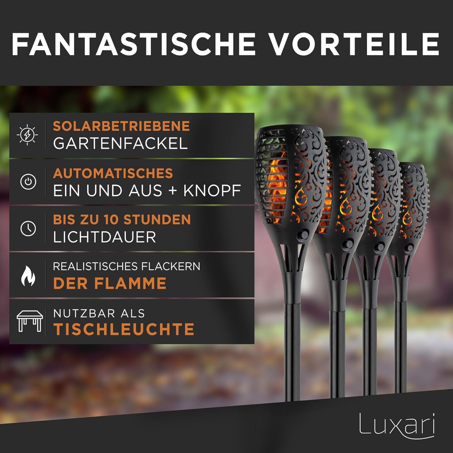Luxari Gartenfackel Solar − 12x Realistisches Solar Fackeln für außen