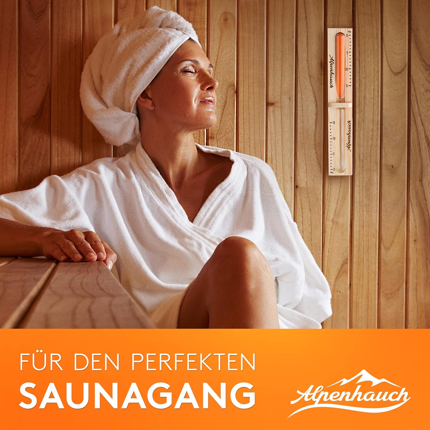 ALPENHAUCH Sauna Sanduhr 15 Minuten aus 100% Naturholz - Edle Saunauhr mit ultra feinem Sand