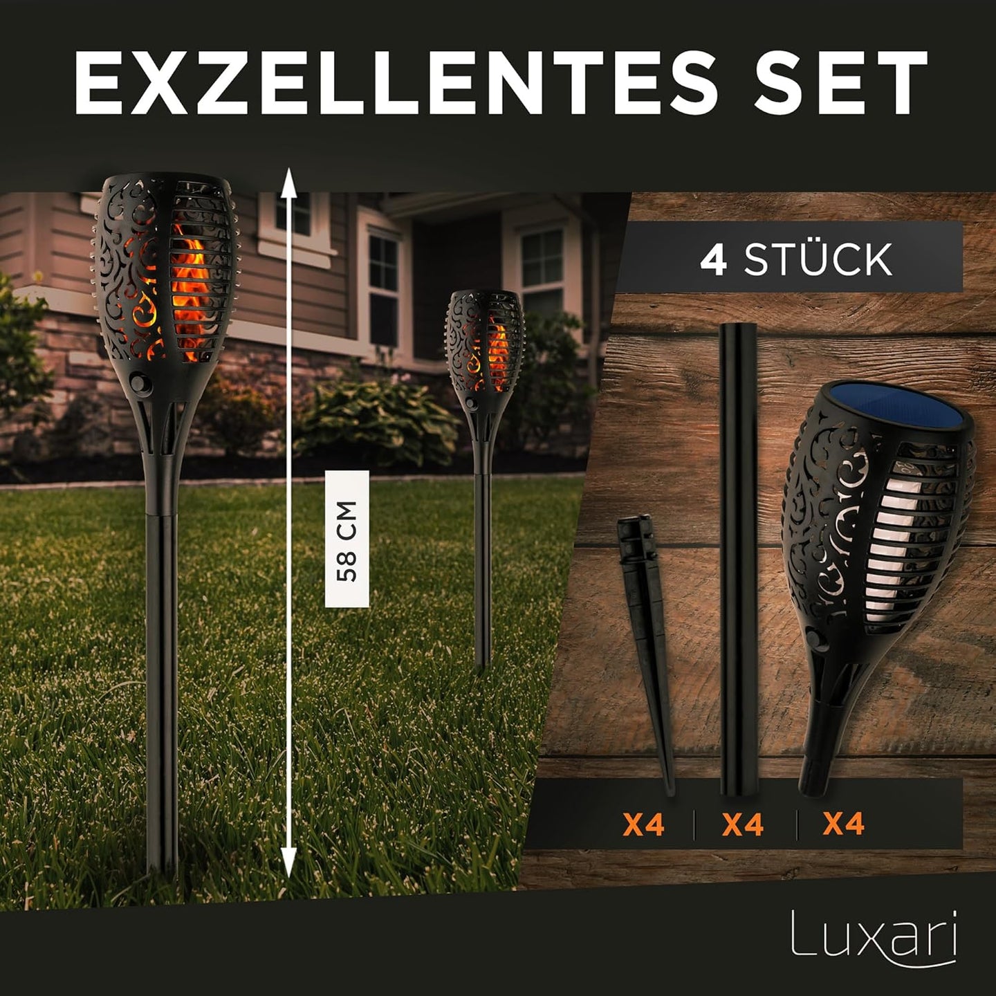 Luxari Gartenfackel Solar − 4x Realistisches Solar Fackeln für außen