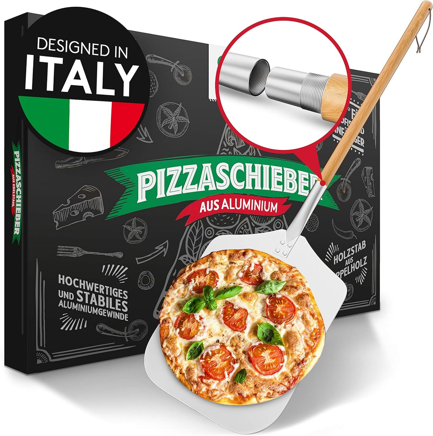 Pizza Divertimento [DAS ORIGINAL] - Pizzaschieber - Pizzaschaufel aus rostfreiem Aluminium [83 cm] - Inkl. e-Rezeptbuch