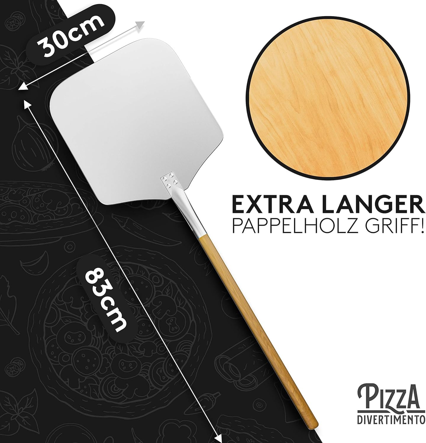 Pizza Divertimento [DAS ORIGINAL] - Pizzaschieber - Pizzaschaufel aus rostfreiem Aluminium [83 cm] - Inkl. e-Rezeptbuch