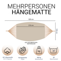 Hängematte 210 x 150 cm - Gesamtlänge 320 cm - Belastbarkeit bis 300 kg, beige