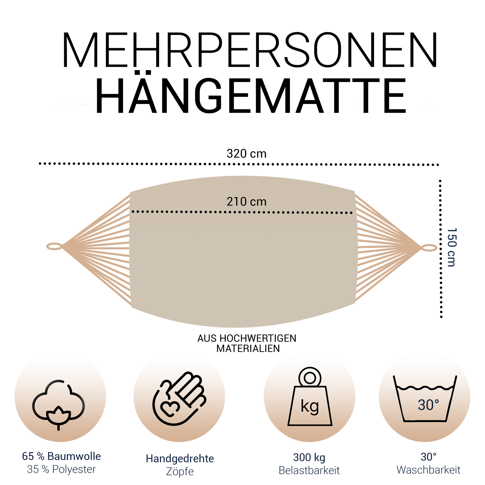 Hängematte 210 x 150 cm - Gesamtlänge 320 cm - Belastbarkeit bis 300 kg, beige