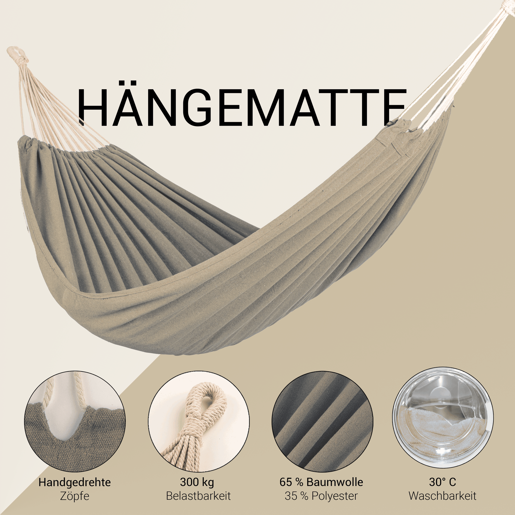 Hängematte 210 x 150 cm - Gesamtlänge 320 cm - Belastbarkeit bis 300 kg, beige