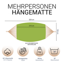 Hängematte 210 x 150 cm - Gesamtlänge 320 cm - Belastbarkeit bis 300 kg, grün