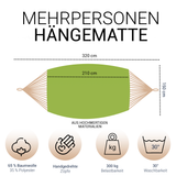 Hängematte 210 x 150 cm, Gesamtlänge 320 cm - Doppelhängematte mit Befestigungs-Set - Belastbarkeit bis 300 kg - grün