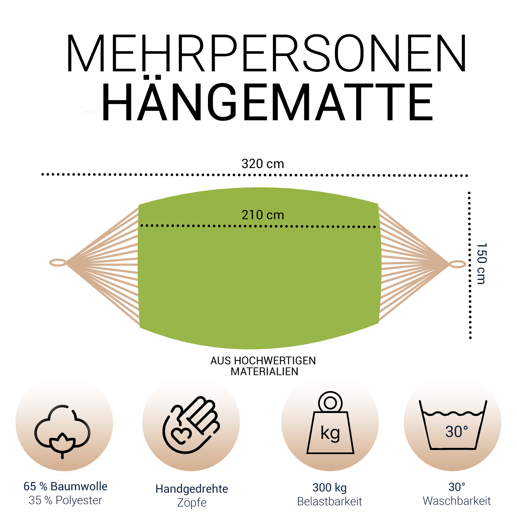 Hängematte 210 x 150 cm, Gesamtlänge 320 cm - Doppelhängematte mit Befestigungs-Set - Belastbarkeit bis 300 kg - grün