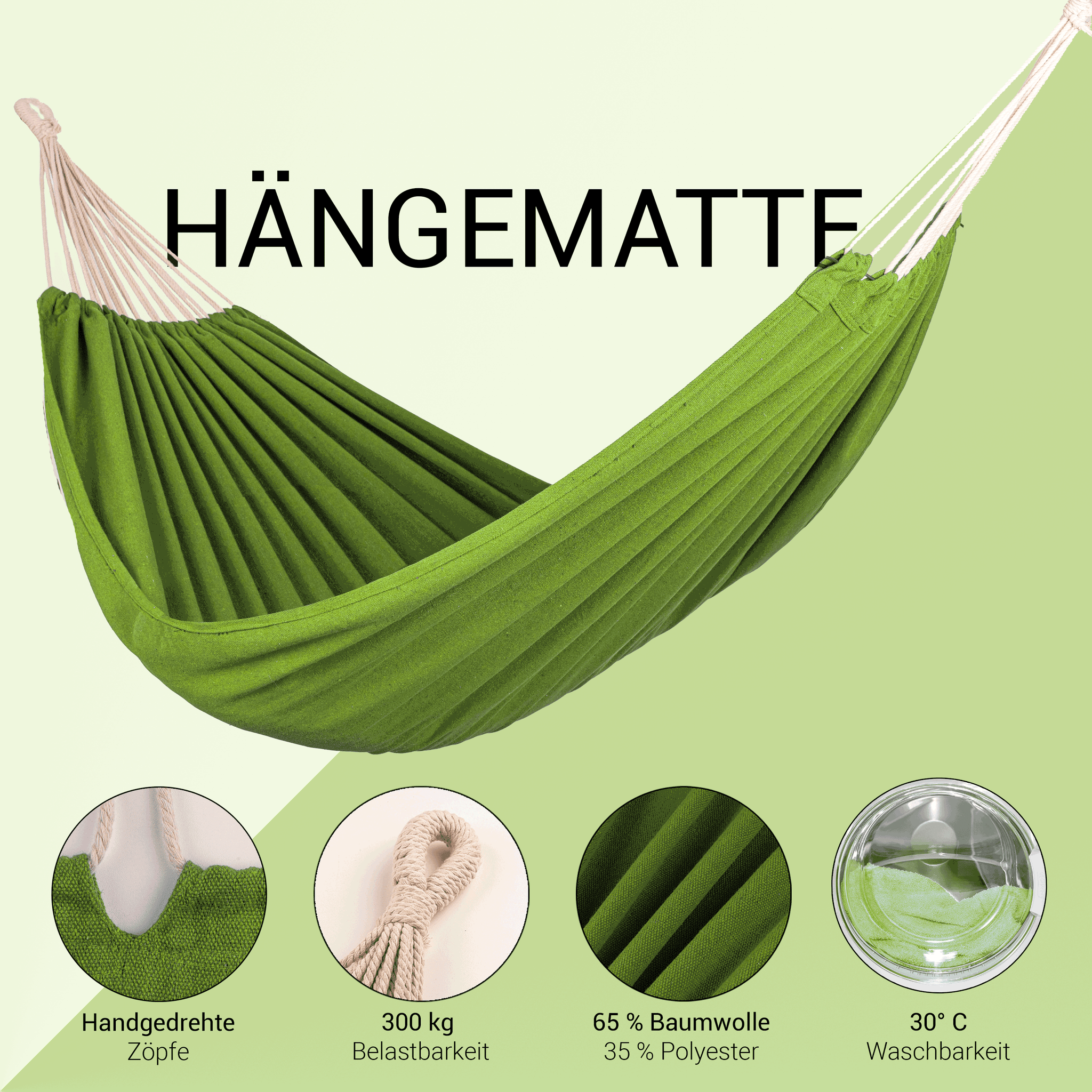 Hängematte 210 x 150 cm, Gesamtlänge 320 cm - Doppelhängematte mit Befestigungs-Set - Belastbarkeit bis 300 kg - grün