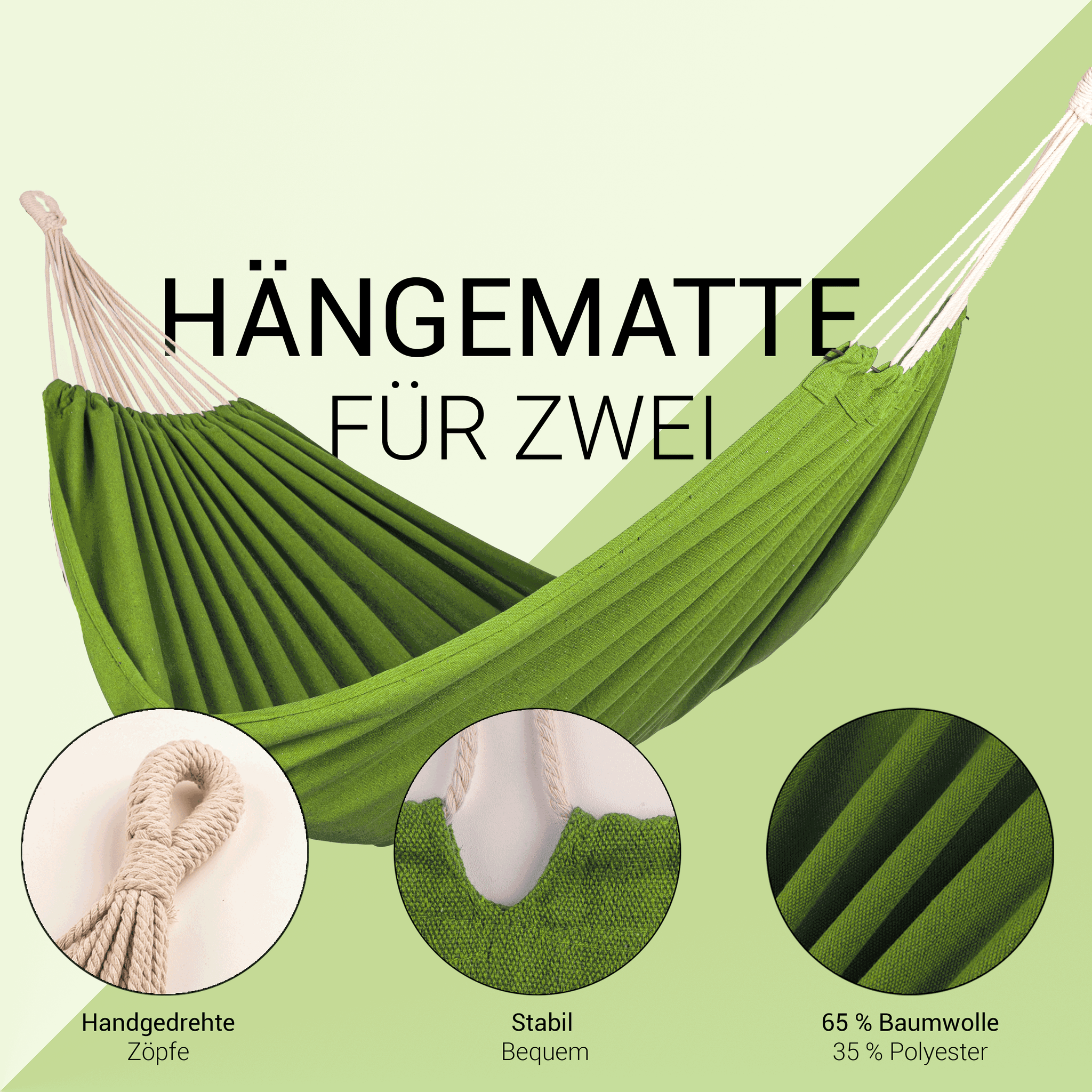 Hängematte 210 x 150 cm, Gesamtlänge 320 cm - Doppelhängematte mit Befestigungs-Set - Belastbarkeit bis 300 kg - grün