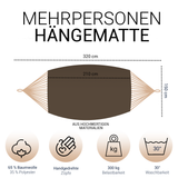 Hängematte 210 x 150 cm - Gesamtlänge 320 cm - Belastbarkeit bis 300 kg, braun