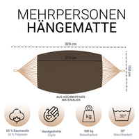 Hängematte 210 x 150 cm - Gesamtlänge 320 cm - Belastbarkeit bis 300 kg, braun