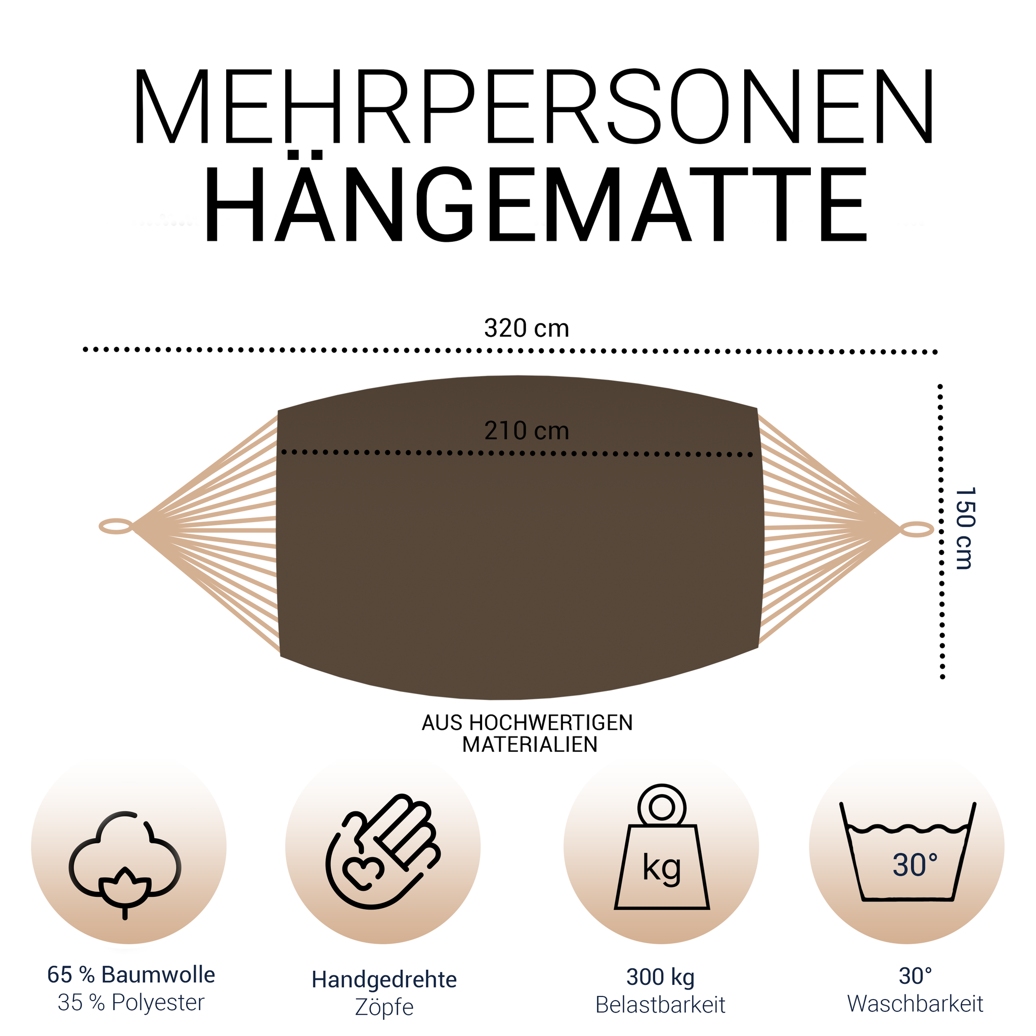 Hängematte 210 x 150 cm - Gesamtlänge 320 cm - Belastbarkeit bis 300 kg, braun