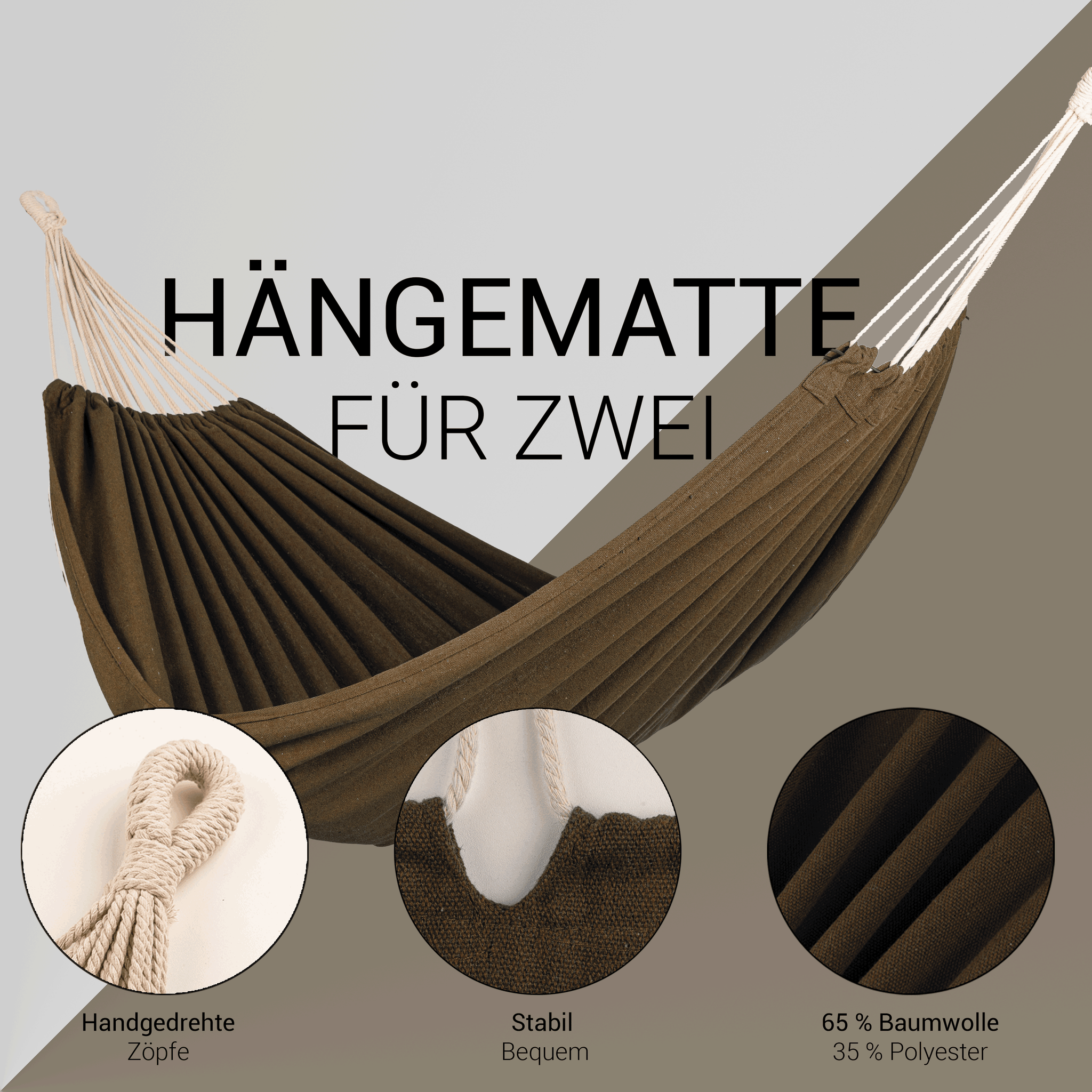 Hängematte 210 x 150 cm - Gesamtlänge 320 cm - Belastbarkeit bis 300 kg, braun