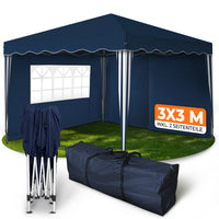 Schnell aufgebautes und wasserdichtes Faltpavillon 3x3m im Garten in blauer Farbe inkl. 2 Seitenteile