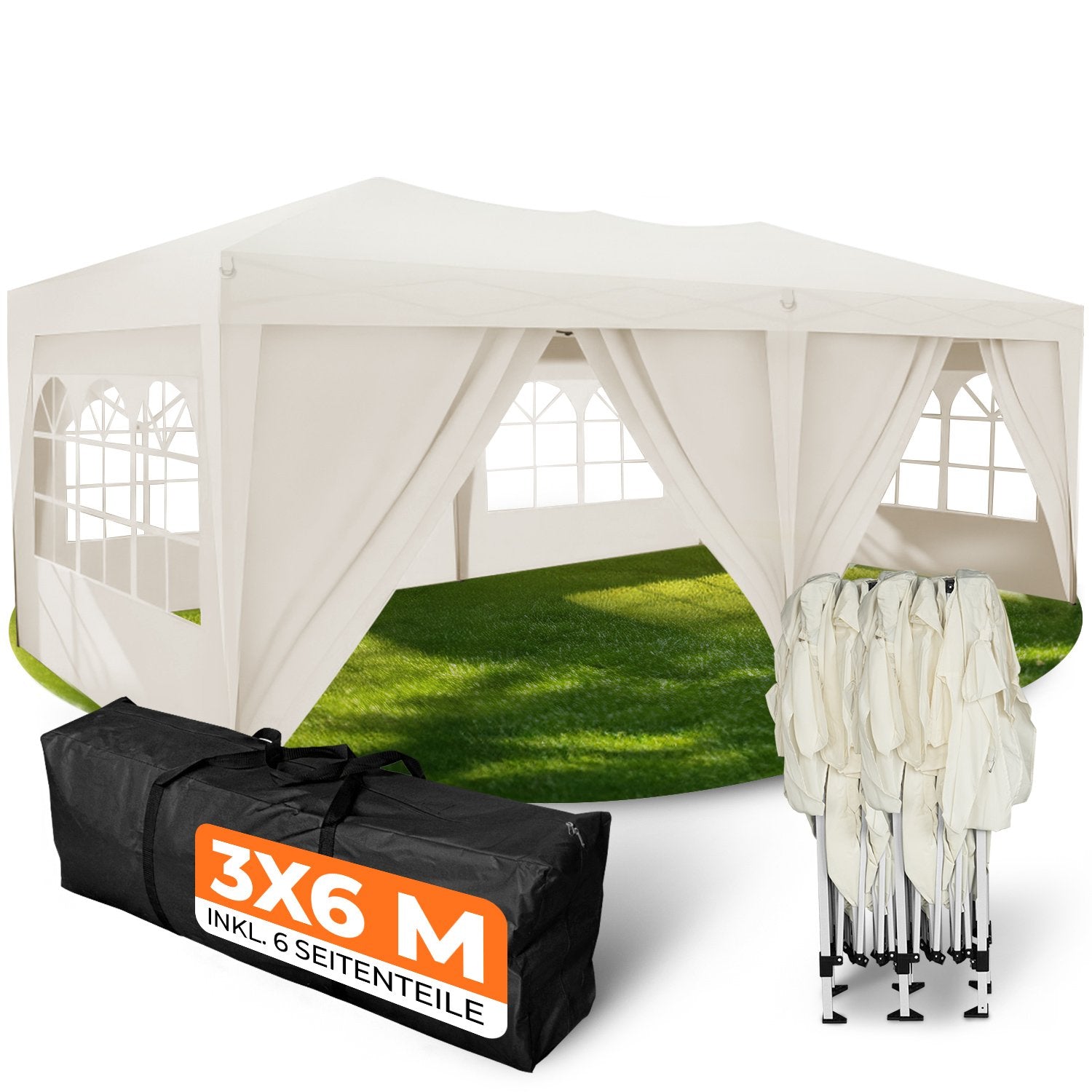Schnell aufgebautes und wasserdichtes Faltpavillon 3x6m im Garten in Champagner Farbe inkl. 6 Seitenteile