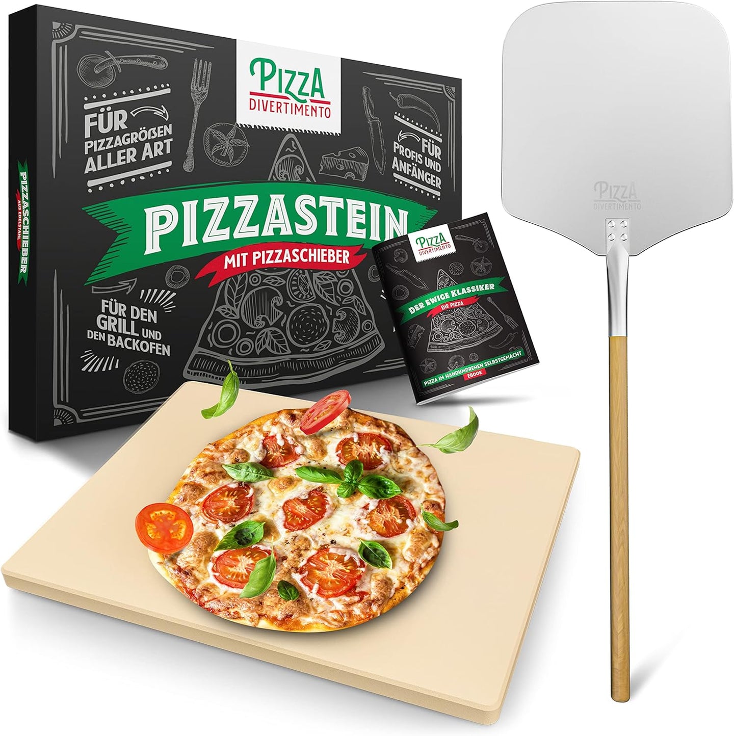 Pizza Divertimento - DAS ORIGINAL - Pizzastein für Backofen & Gasgrill – inkl. Pizzaschieber - Inkl. e-Rezeptbuch