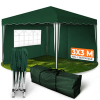 Schnell aufgebautes und wasserdichtes Faltpavillon 3x3m im Garten in grüner Farbe inkl. 2 Seitenteile