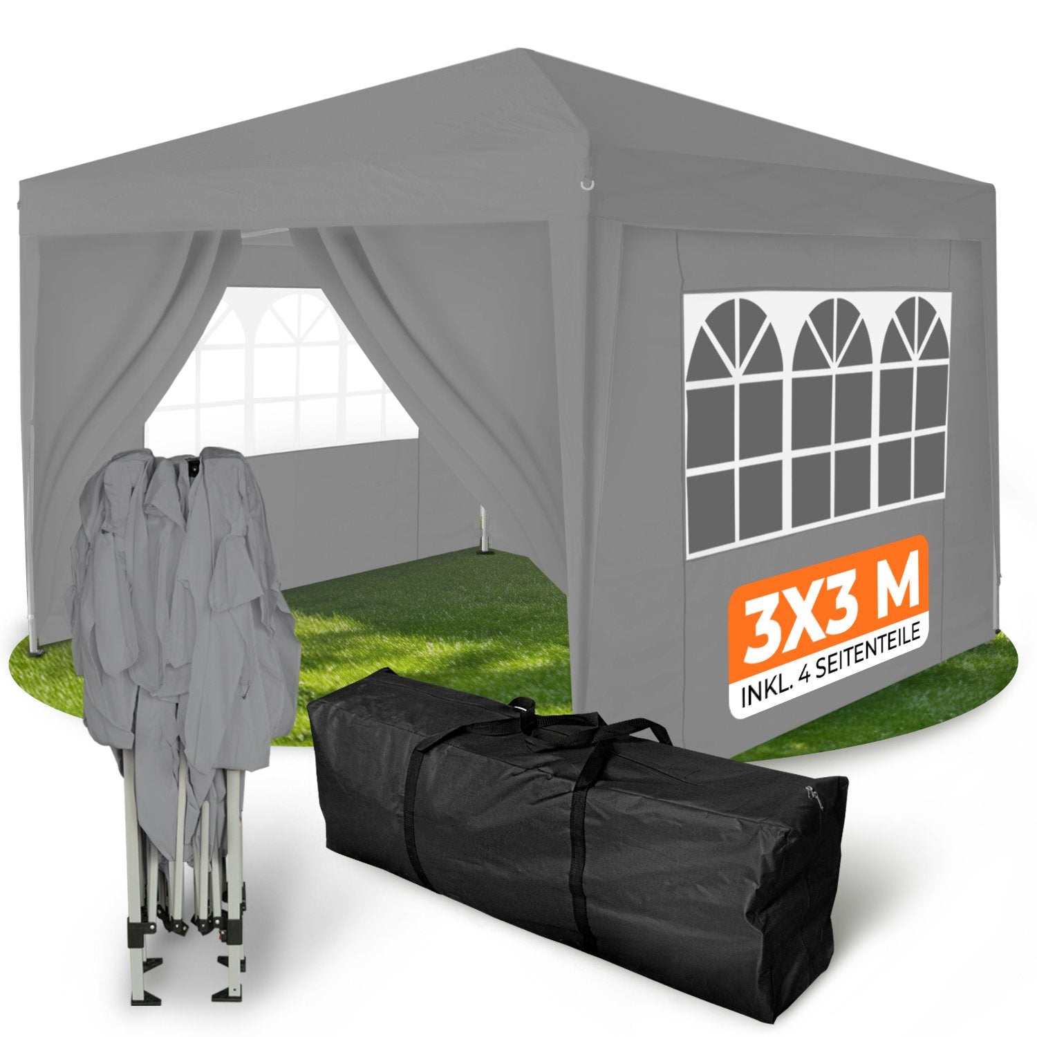 Schnell aufgebautes und wasserdichtes Faltpavillon 3x3m im Garten in grauer Farbe inkl. 4 Seitenteile