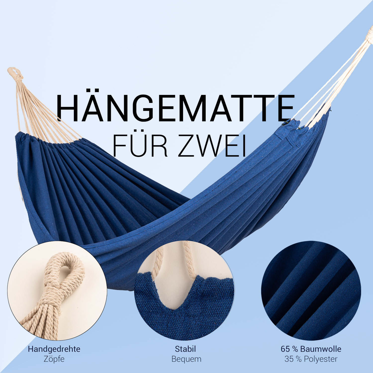 Hängematte 210 x 150 cm - Gesamtlänge 320 cm - Belastbarkeit bis 300 kg, blau