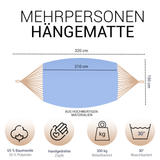 Hängematte 210 x 150 cm - Gesamtlänge 320 cm - Belastbarkeit bis 300 kg, blau