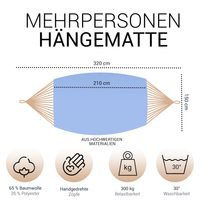 Hängematte 210 x 150 cm - Gesamtlänge 320 cm - Belastbarkeit bis 300 kg, blau