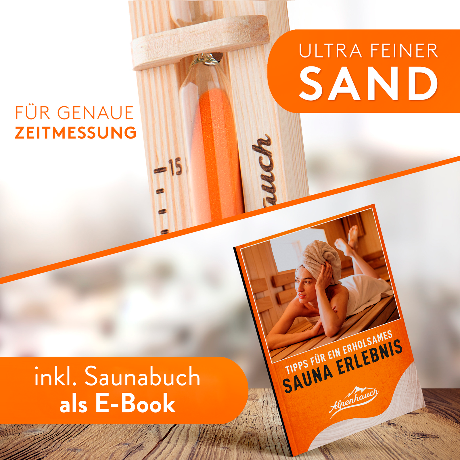 ALPENHAUCH Sauna Sanduhr 15 Minuten aus 100% Naturholz - Edle Saunauhr mit ultra feinem Sand