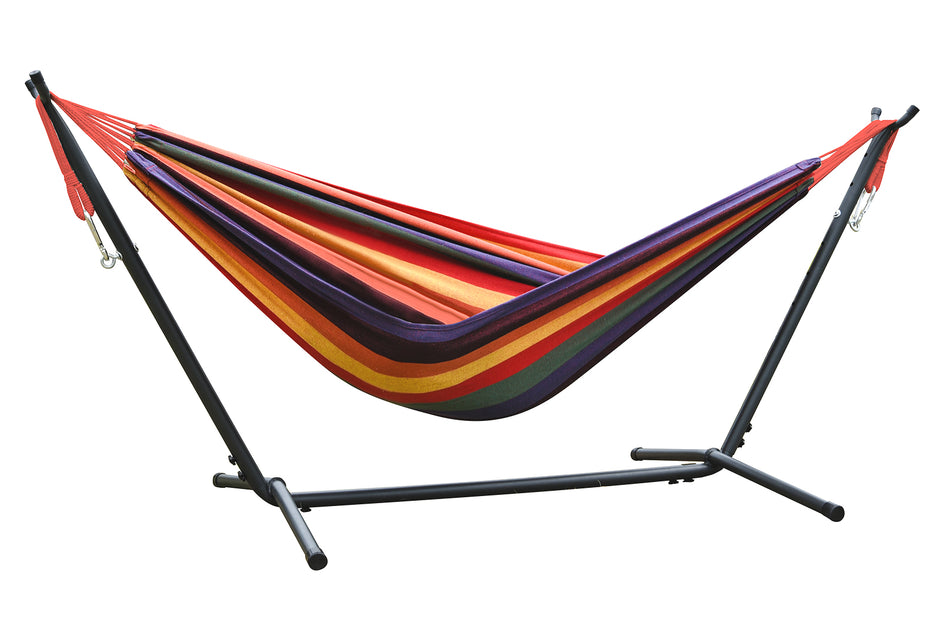Hängematte mit Gestell Indoor & Outdoor - Hängemattengestell 250cm, Belastbarkeit bis 210 kg - inkl. Mehrpersonenhängematte 6 farbige Streifen