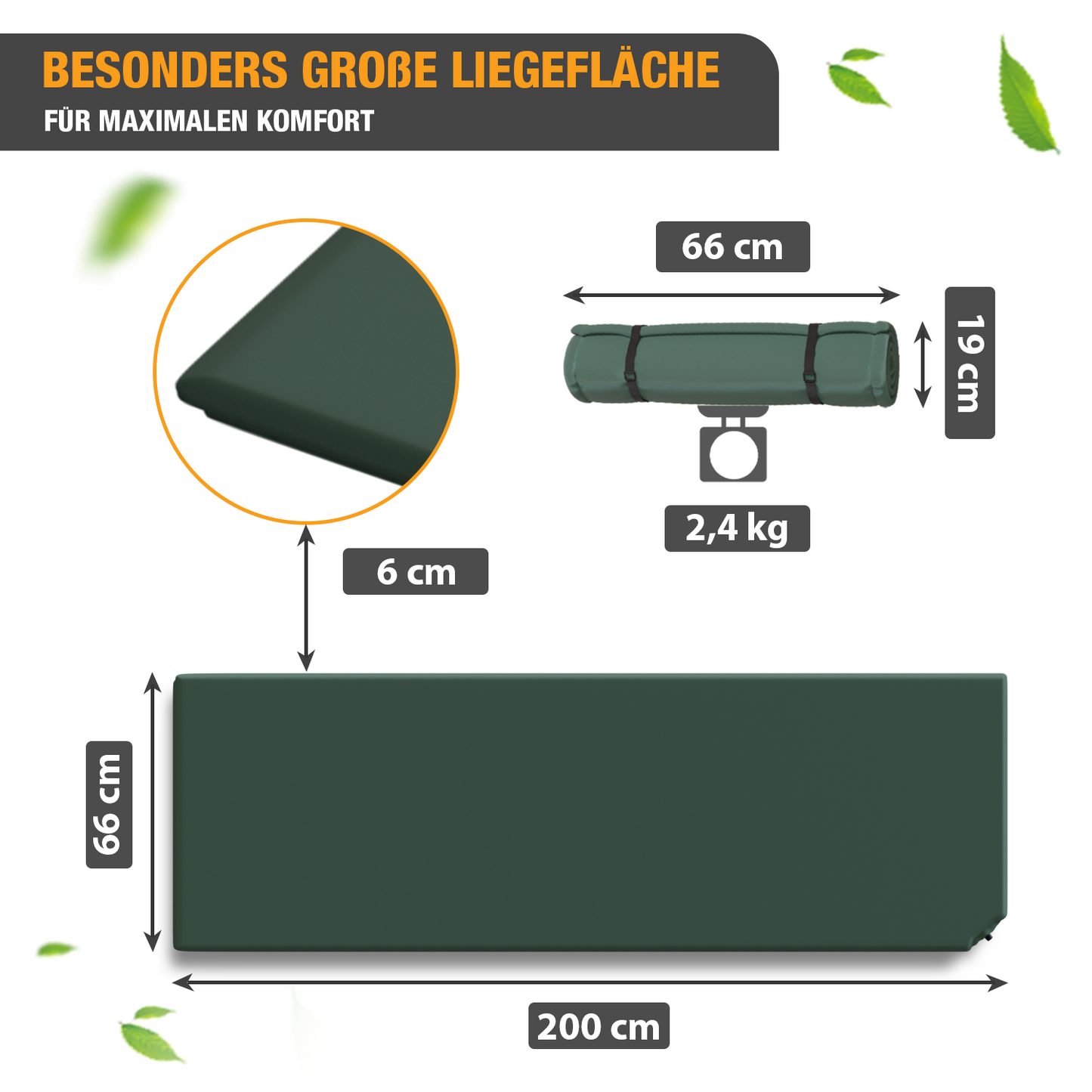 Isomatte selbstaufblasend - Luftbett - 200 x 66 x 6 cm - Luftmatratze - grün
