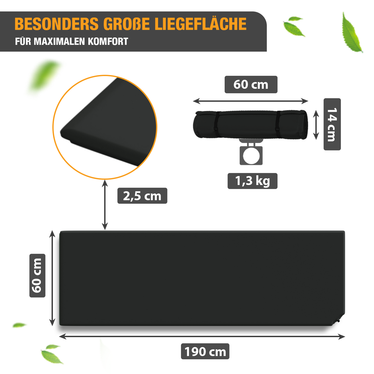 Isomatte selbstaufblasend - Luftbett - 190 x 60 x 2,5 cm - Luftmatratze - schwarz