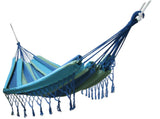 Hängematte Fransen 220 x 160 cm - Gesamtlänge 320 cm - Belastbarkeit bis 300 kg, blau/grün mit handgemachten Fransen