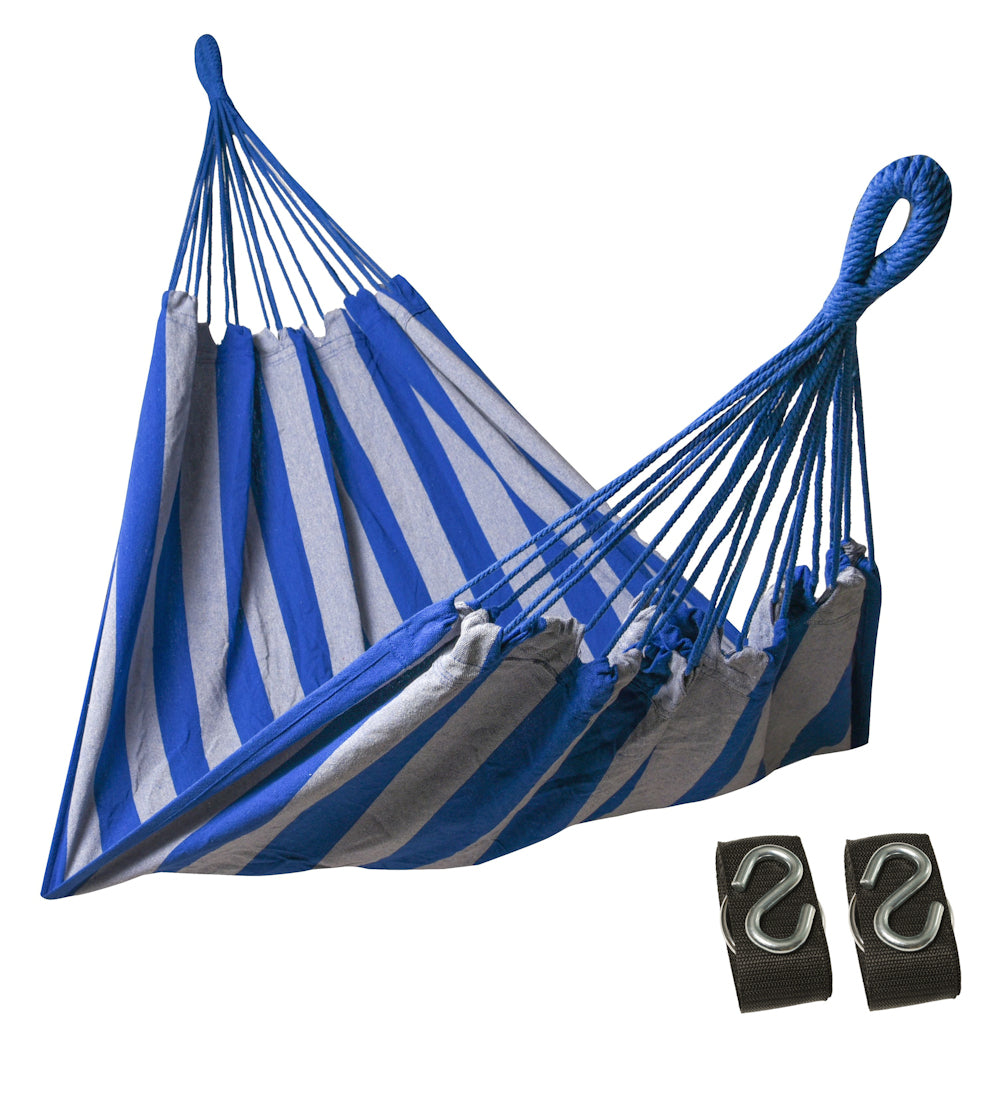 Hängematte 210 x 150 cm, Gesamtlänge 320 cm - Doppelhängematte mit Befestigungs-Set - Belastbarkeit bis 300 kg - blau/grau